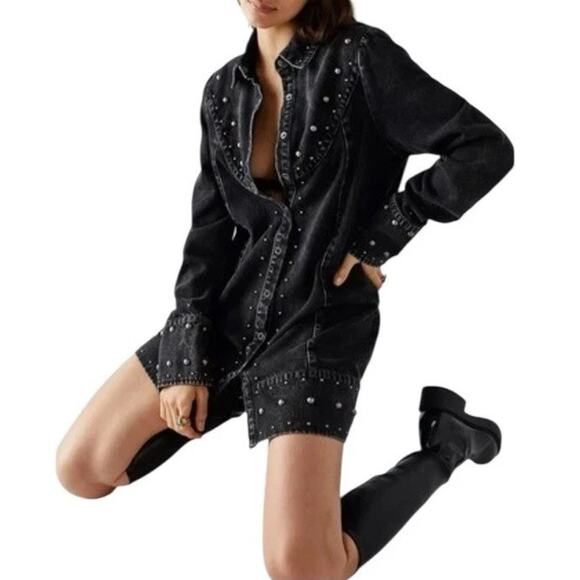 Free People Bennett Mini Denim Studded Dress Jacket Black Sz Medium - Picture 1 of 15